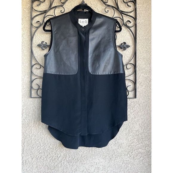 SEA New York Lambs Leather And Silk Blouse - Size 8 - Black - Picture 1 of 7